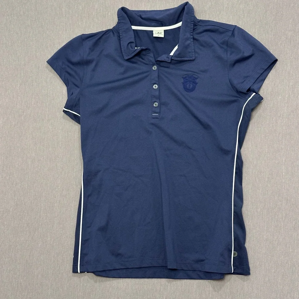 Alo Yoga CoolFit Womens XL Navy Blue‎ Short Sleeve Performance Polo Shirt Crest